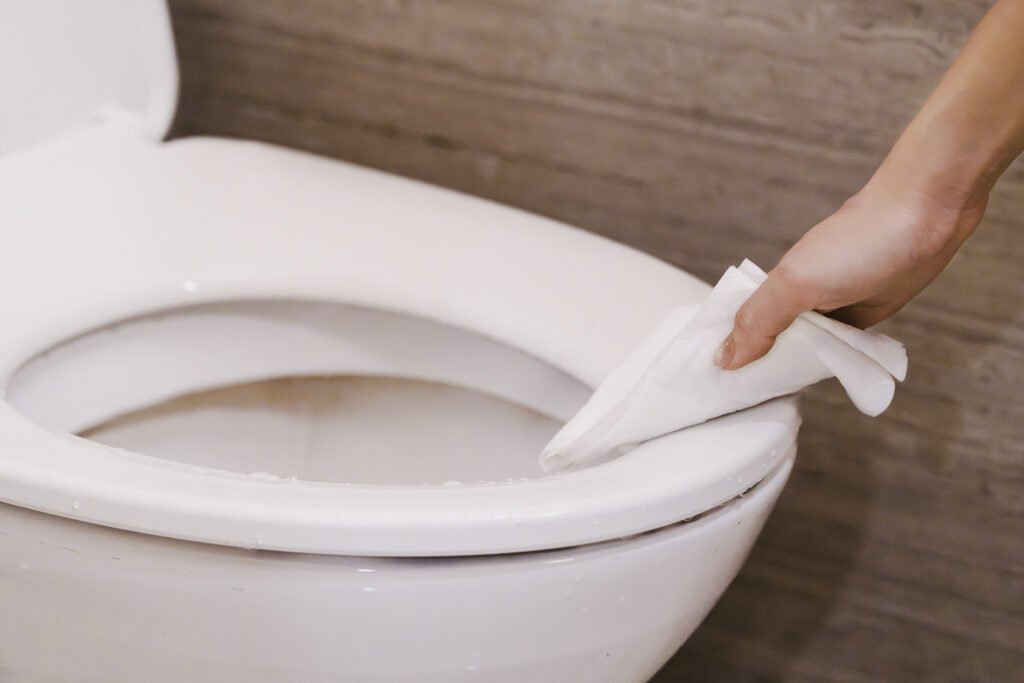 women wiping toilet seat before use